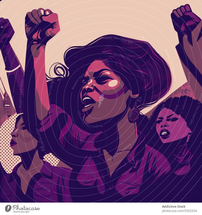 Schwarze Frauen im Streik mit geballten Fäusten Aktivist Feminismus angriffslustig protestieren Arme hochgezogen Feministin Schrei die Faust ballen schreien