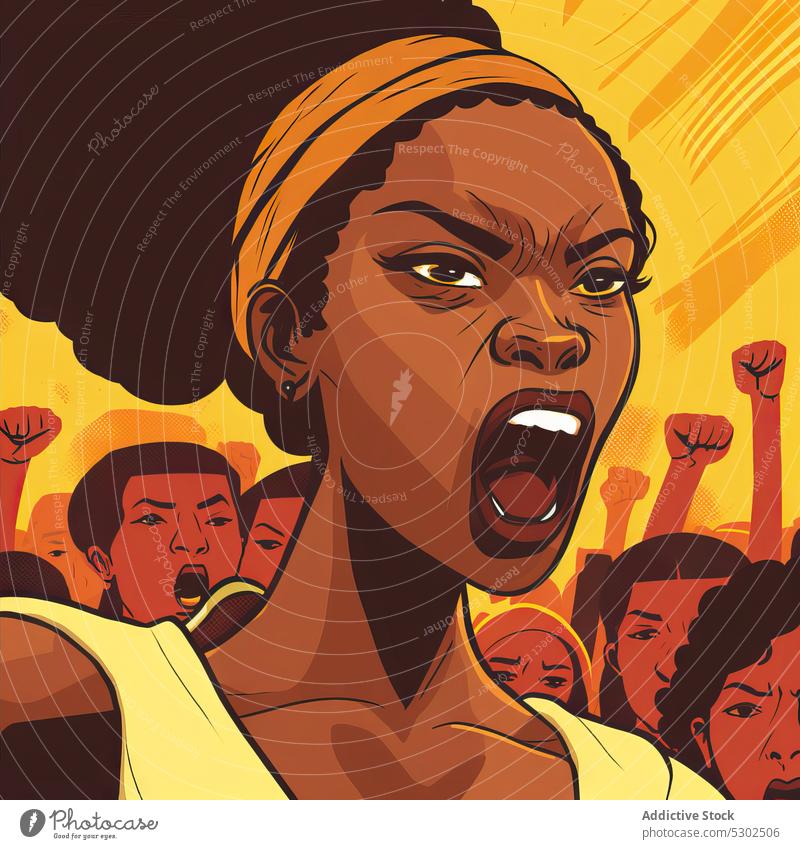 Schwarze Frauen im Streik mit Plakat Aktivist Feminismus angriffslustig protestieren Arme hochgezogen Feministin Schrei die Faust ballen schreien Treffer