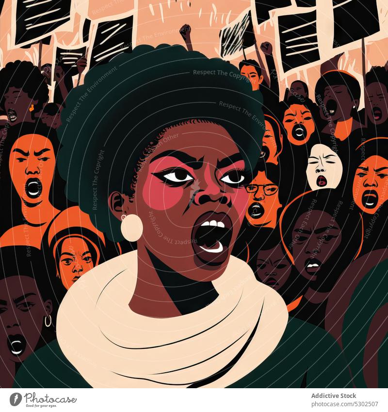 Schwarze Frauen im Streik mit Plakat Aktivist Feminismus angriffslustig protestieren Feministin Schrei schreien Treffer Menschenrechte farbenfroh manifestieren