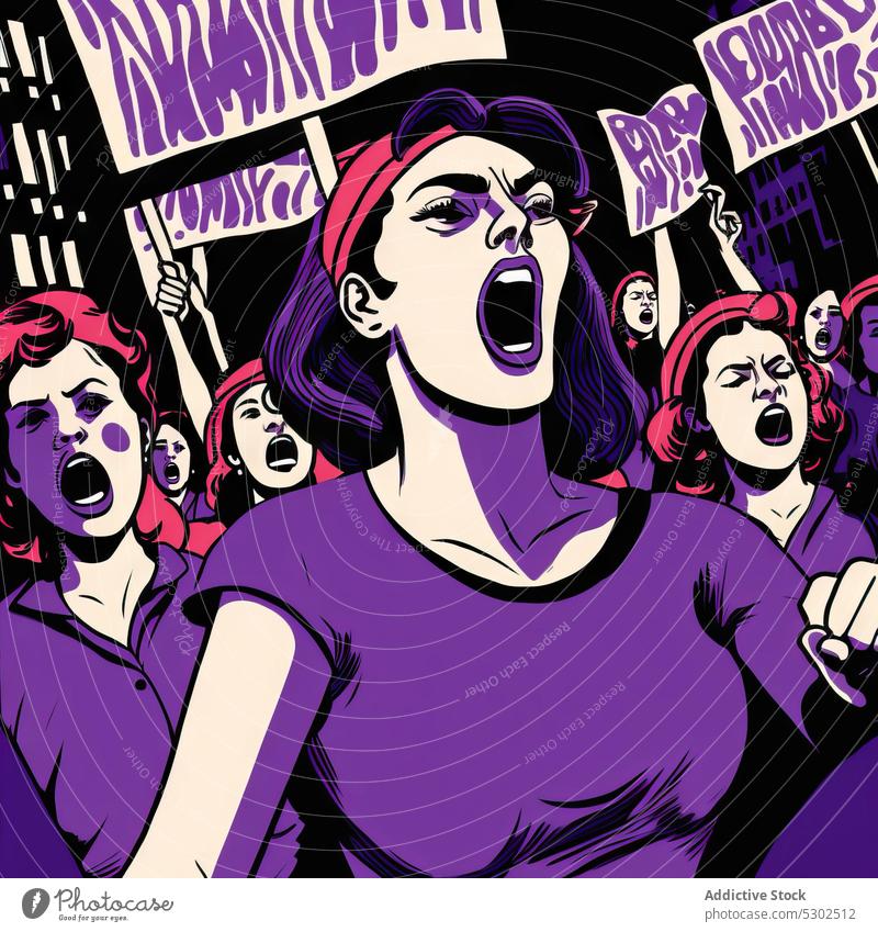 Schreiende Frauen im Streik mit Plakaten schreien Aktivist Protestierender plakatieren Kundgebung Rallye Frauenrechte Menschenrechte Kampagne