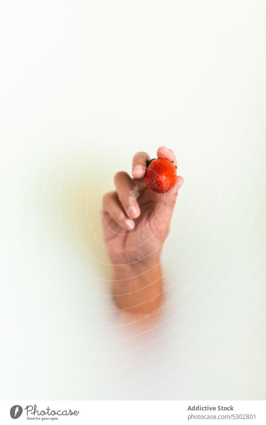 Nicht erkennbare weibliche Hand zeigt Erdbeere in Milchbad Frau Erdbeeren Beeren zeigen melken Bad frisch Frucht Hydrat verjüngen Vitamin Spa Gesundheit Kübel