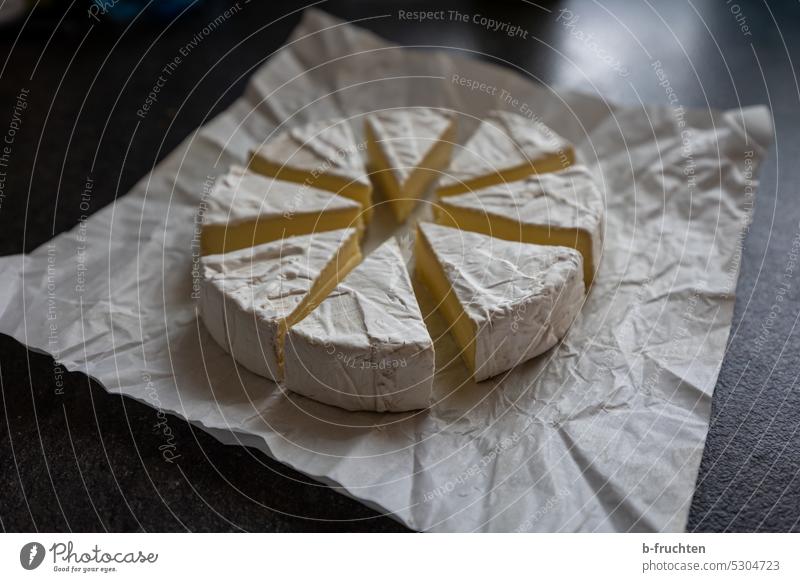 Camembert-Käse in kleine Käseecken geschnitten Ernährung käsestück stücke camembert papier Verpackung offen Feinschmecker lecker Snack Molkerei frisch