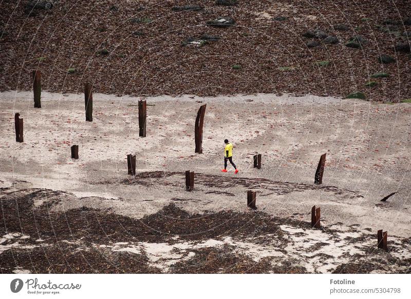 Mit großen Schritten läuft ein Sportler in knalligen Farben am Strand von Helgoland entlang. Auf dem Sand liegen unheimlich viele Algen und es ragen verrostete Metallstreben empor. Überbleibsel des Krieges.