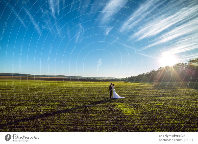 eleganten Bräutigam umarmt eine wunderschöne brunette Braut auf einem Hintergrund der Natur und blauen Himmel Glück striegeln stylisch Liebe Landschaft Stil