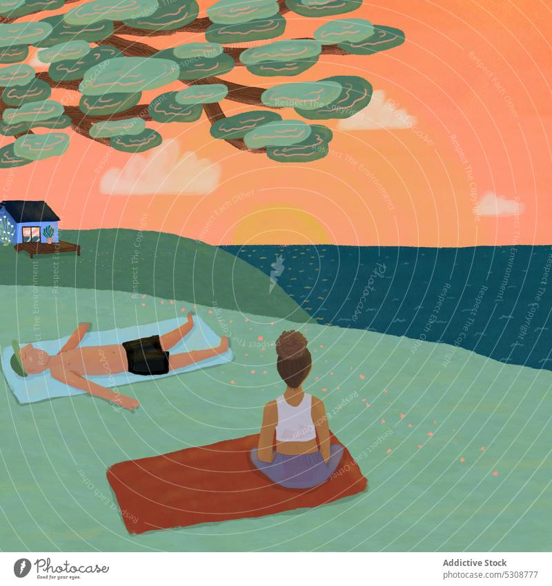 Illustration eines Paares, das den Sonnenuntergang am grünen Ufer genießt sich[Akk] entspannen ruhen Zen genießen Fluss Yoga üben Grafik u. Illustration Sommer