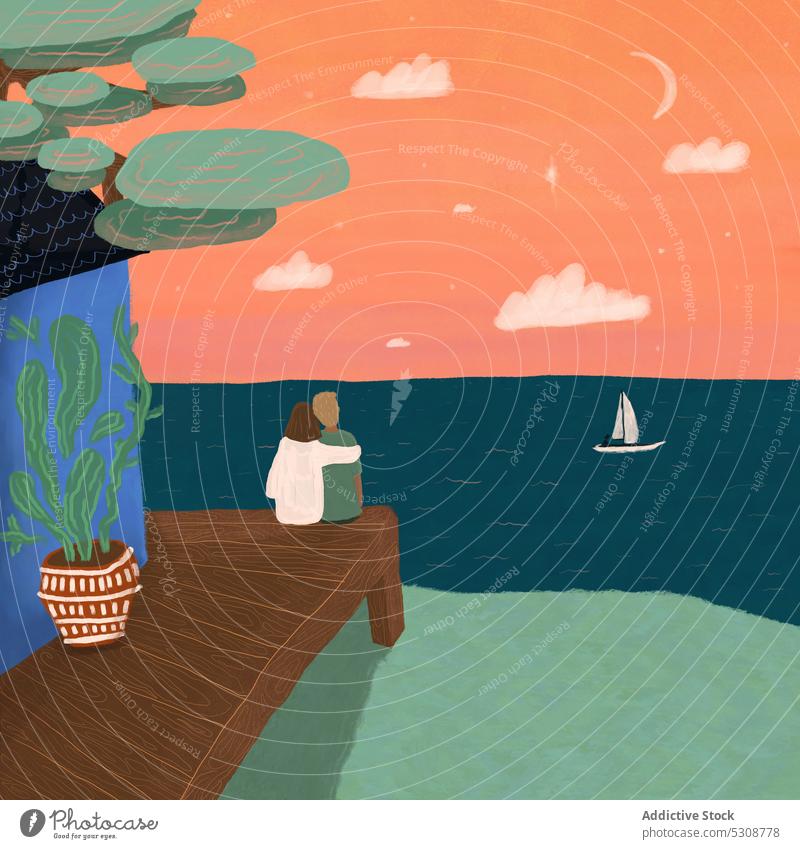 Illustration eines Paares, das den Blick auf das Meer genießt romantisch Umarmen Umarmung Partnerschaft MEER bewundern sternenklar Himmel Grafik u. Illustration