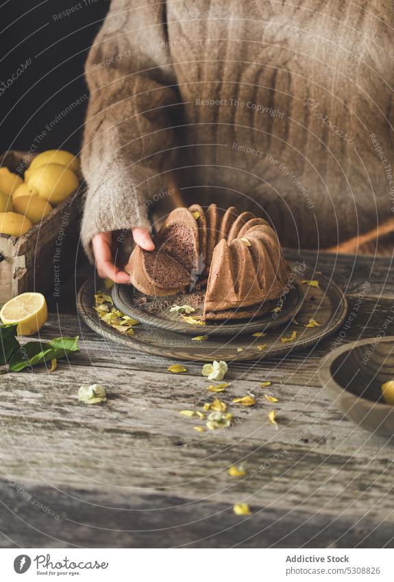 Anonyme Person nimmt ein Stück leckeren Schokoladenkuchen am Tisch Frühstück Zitrone Frucht Kuchen Zitrusfrüchte Kasten Lebensmittel Dessert Scheibe