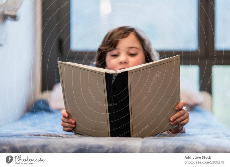 Kleines Mädchen liest Buch auf dem Bett Kind lesen Schlafzimmer Komfort Hobby Licht heimwärts Leseratte Lügen ruhen Kälte beigefügt Freizeit Lampe