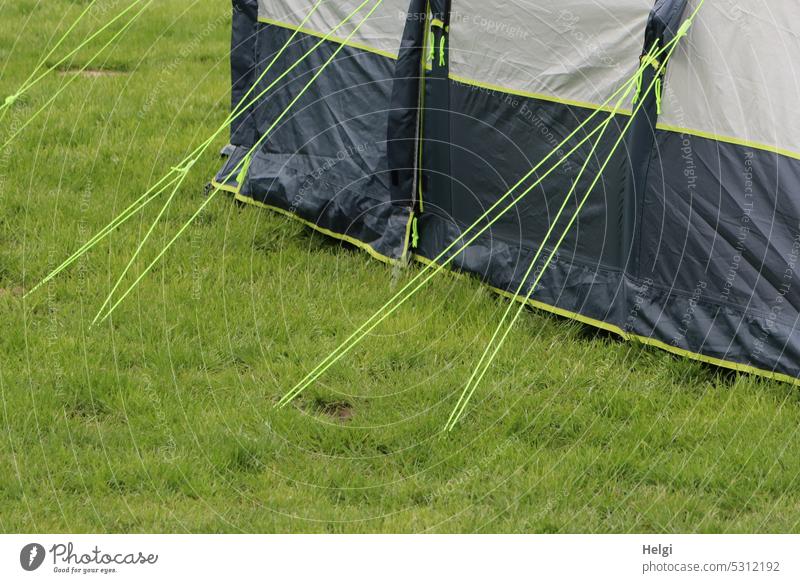Detailaufnahme, Zelt auf einer Wiese mit festgezurrten Schnüren Camping Campingplatz zelten campen Ferien Urlaub Erholung Reise Gras Schnur festmachen anbinden