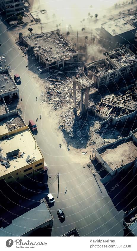 Zerstörtes Stadtviertel mit eingestürzten Gebäuden und Menschen, die nach einer Erdbebenkatastrophe durch die Straßen laufen. Generative KI. Katastrophe