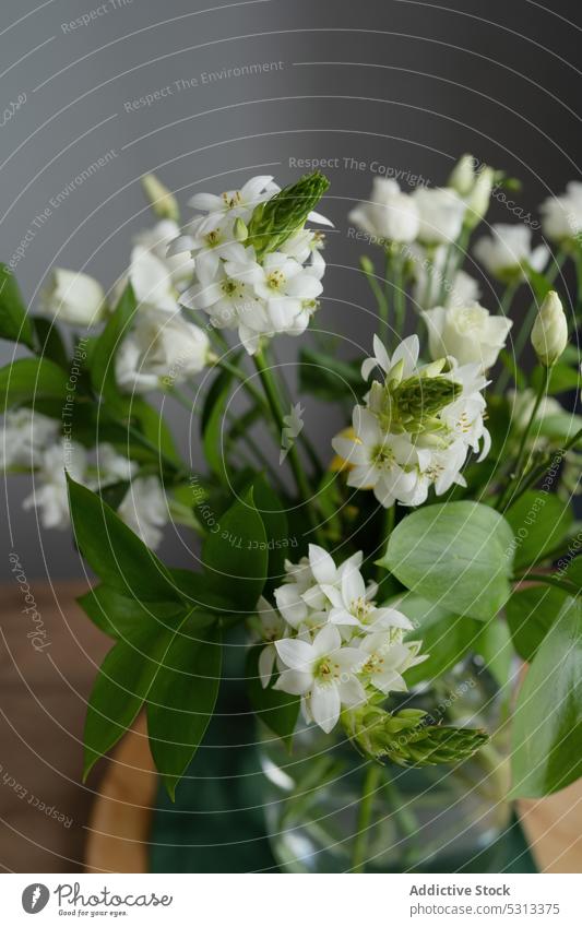Glasvase mit Blumenstrauß Vase Wasser Blumenladen Werkstatt Floristik eustoma Milchstern Ruscus Holzplatte Lysianthos Pflanze Dekor Frühling Blütenblatt Blatt