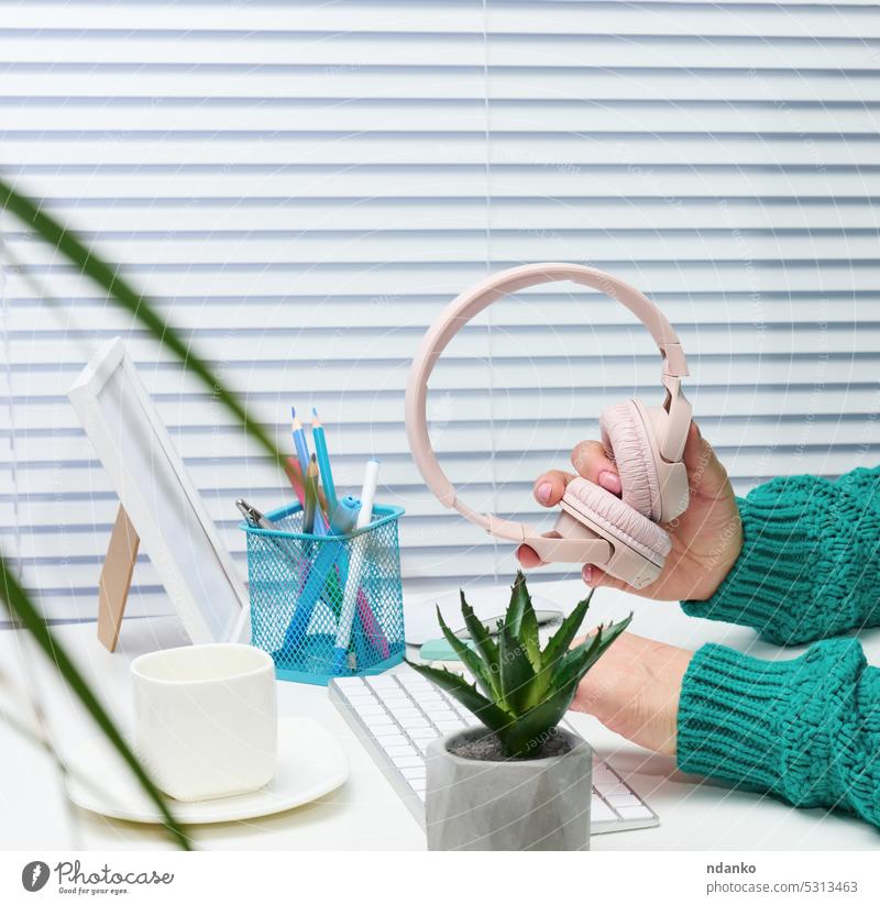Eine Frau hält einen kabellosen rosa Kopfhörer, ein Mann sitzt an einem Tisch mit einer Tastatur Zimmerpflanze weiß Pflanze grün Musik arbeiten Computer Laptop