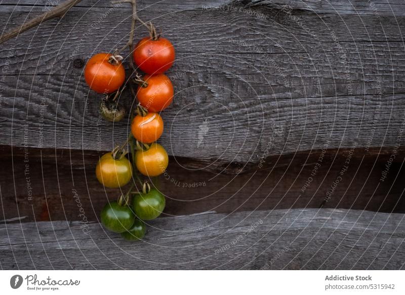 Strauß frischer Tomaten Ast hölzern Oberfläche rot gelb grün Gesundheit Gemüse Lebensmittel organisch Diät reif Bestandteil Pflanze Veganer Holz Nutzholz Wand