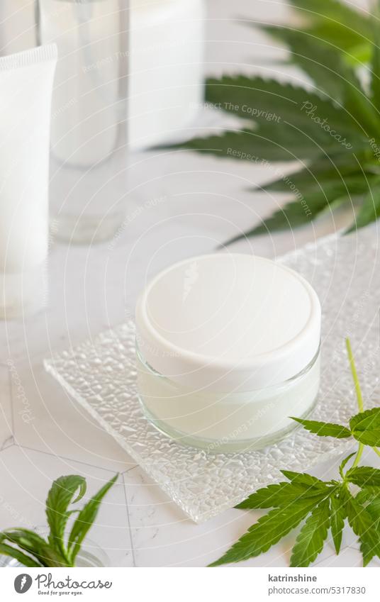 Weißer Cremetopf mit einem leeren Deckel in der Nähe von Cannabis sativa Blättern. Kosmetisches Mockup Glas Kosmetik Attrappe Sahne cbd Natur abschließen Marke