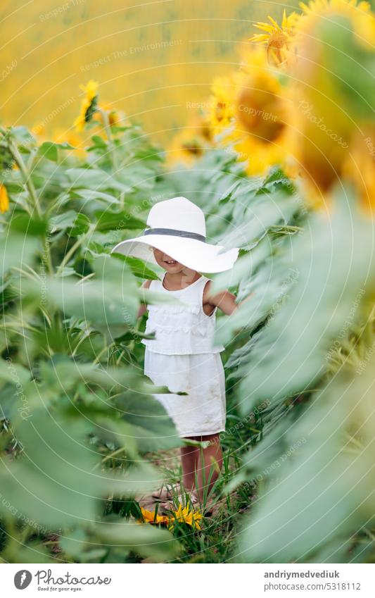 Eine niedliche kleine lächelnde Mädchen im Feld von Sonnenblumen. Kind in momy Hut. Kindheit Konzept. Sonniger Sommertag im Feld von Sonnenblumen. selektiver Fokus
