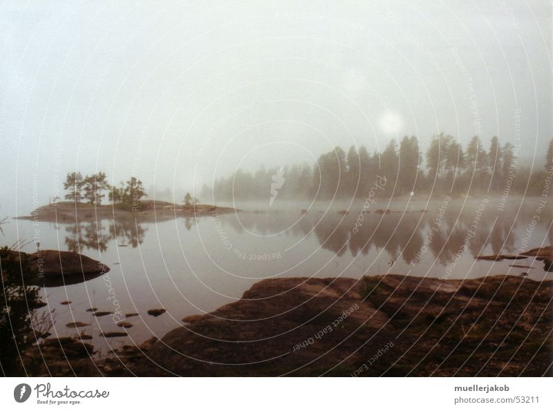 Morgennebel 2 Nebel schlechtes Wetter Wolken weiß See Wald ruhig Einsamkeit Spiegelbild Himmel blau Wasser Schweden Insel Ferne Glätte