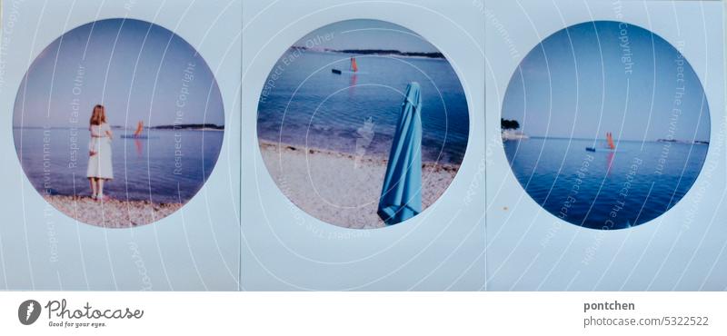 triptych. drei polaroids am meer. rutsche rot mädchen urlaub wasser sonnenschirm kroatien reisen rund round frame rahmen