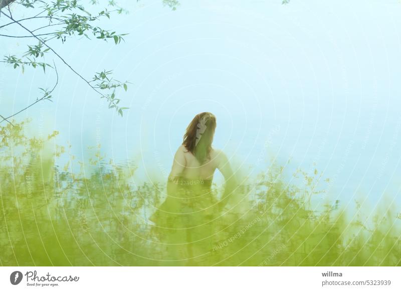 Frau schaut verträumt zum anderen Ufer, Rückansicht langhaarig brünett rückenfrei See Gräser Flussufer Seeufer Wasser Natur träumen