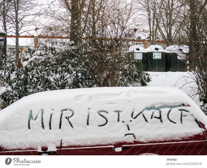 Autosuggestion Kälte Winter Schnee Schriftzeichen mir ist kalt Baum Stadt Wintertag winterlich schneebedeckt parken :(