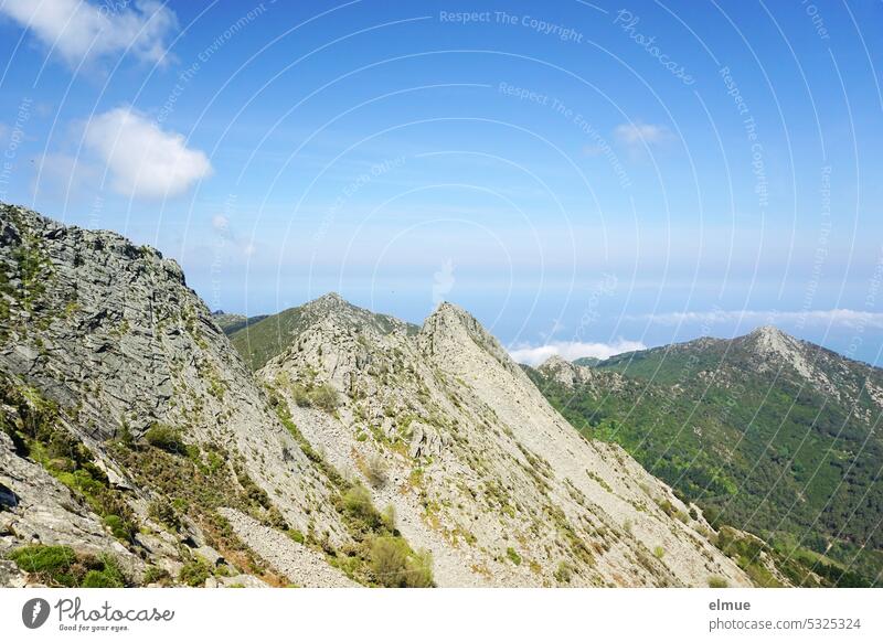 Blick vom Monte Capanne auf Elba, Wolken und das Mittelmeer Berg Bergmassiv Ausblick Blog Granodiorit Gestein Bergwandern Höhenangst Gipfelstürmer Sommer