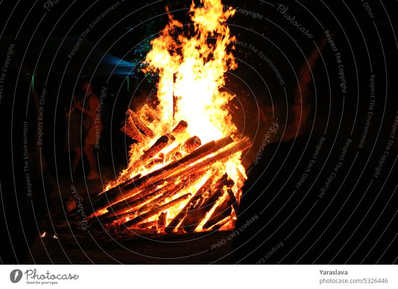 Foto eines brennenden Feuers in den Wäldern Flamme Brandwunde warm heiß Holz feurig Feuerstelle erwärmen außerhalb Funken Textfreiraum Nacht Lagerfeuer Camping