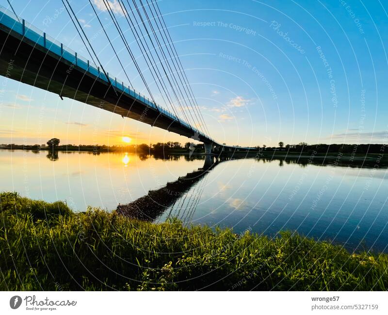 Abendstimmung an der Phylonenbrücke über die Elbe bei Schönebeck Fluss Flussufer Dämmerung Brücke Spiegelung Spiegelung im Wasser Reflexion & Spiegelung