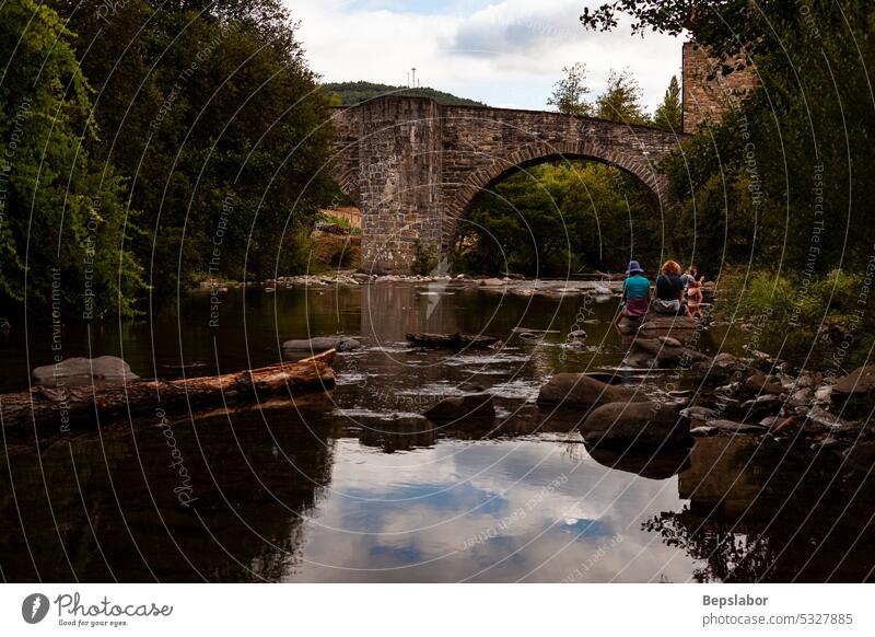Pilgerweg nach Santiago, Zubiri, mittelalterliche Brücke Puente de la Rabia, Navarra Pilgerfahrt navarre Tradition Weg Natur Wasser Nachlauf zubiri im Freien