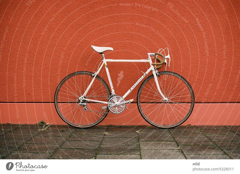 Weisser Vintage Renner auf rotem Grund Rennrad Fahrrad retro Lifestyle sportlich Außenaufnahme Mobilität Sport Farbfoto Freizeit & Hobby Fahrradfahren Stahl