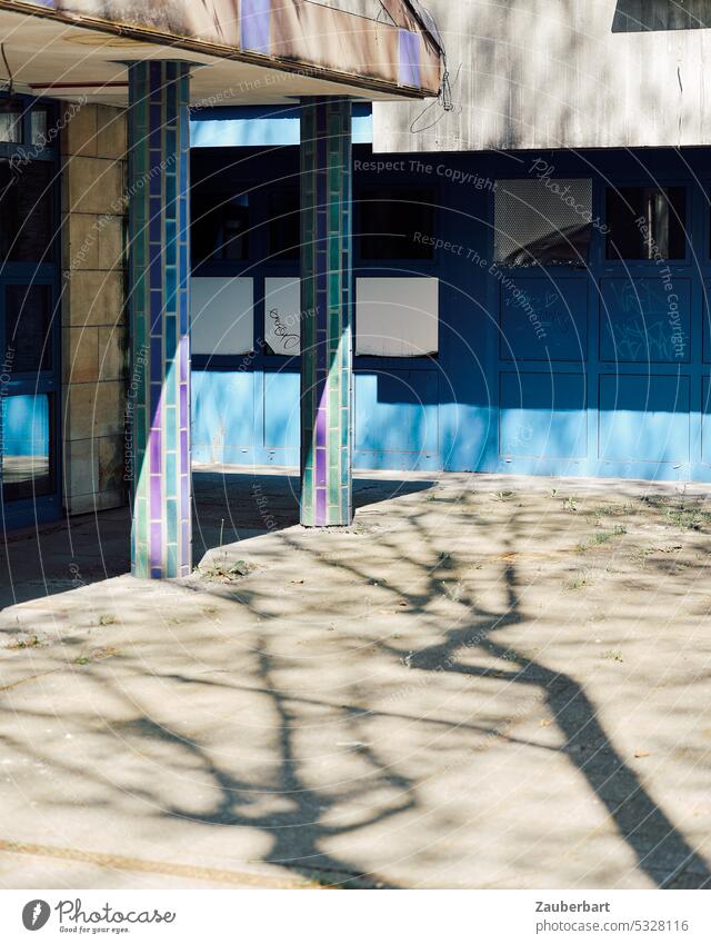 Schatten von Bäumen und Ästen vor modernem Gebäude mit gefliesten Säulen und blauer Wand Baum fingern Fliesen Architektur sachlich Beton Fenster 70er 60er