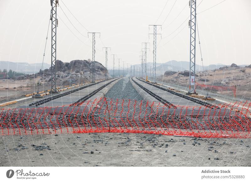 Reihen von Bahngleisen mit elektrischen Versorgungsleitungen Eisenbahn Infrastruktur Netz Schiene Entwicklung Konstruktion Gelände Verkehr Gerät Geschwindigkeit
