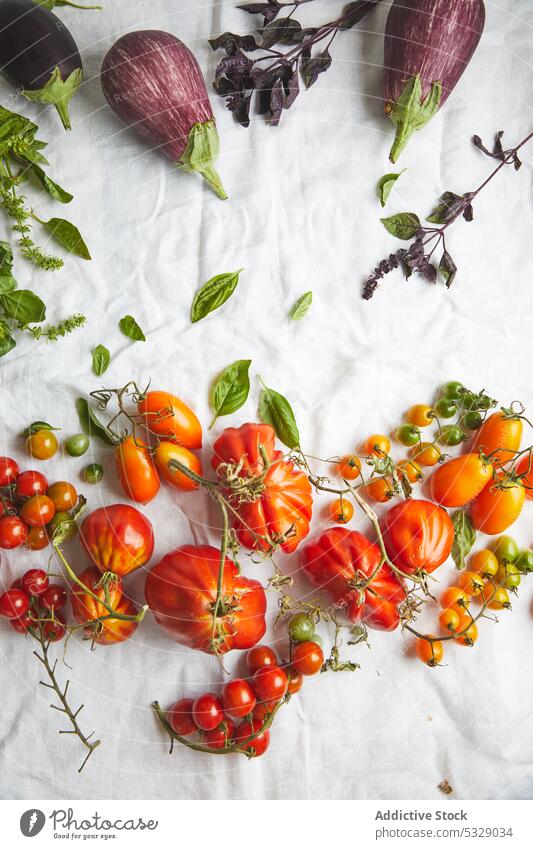 Frisches, reifes, sortiertes Gemüse auf weißem Stoff auf dem Tisch Steigung Farbe hell frisch lebhaft roh Lebensmittel Gewebe Sammlung Gesundheit