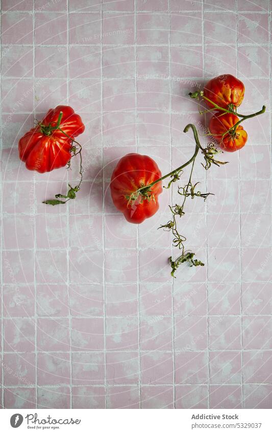 Reife Fleischtomaten auf Kachelboden Tomaten rot frisch reif roh Blatt Ast Gemüse Vorbau natürlich Lebensmittel lecker Gastronomie Gesundheit geschmackvoll