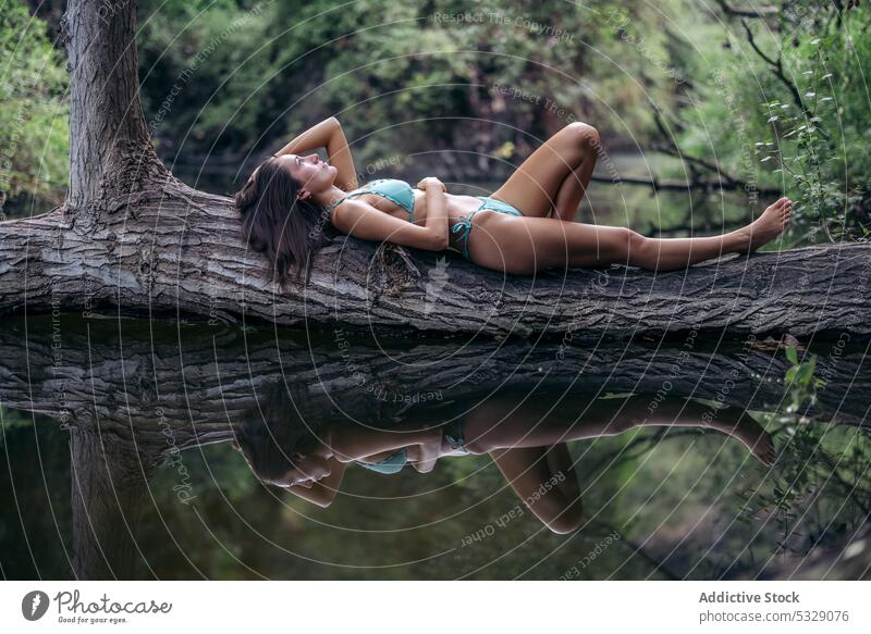 Schlanke Frau im Bikini auf Baumstamm liegend See ruhen Kofferraum Natur verträumt träumen Badeanzug Badebekleidung jung Sommer passen Wasser Gelassenheit