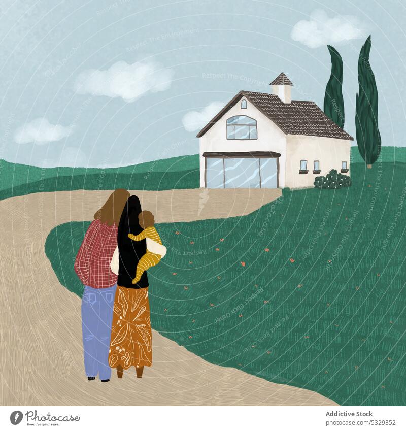 Illustration einer Familie, die vor einem neuen ländlichen Haus steht Landschaft Dorf heimwärts Umarmen Liebe bewundern Bild Kleinkind Kind führen Natur Wiese