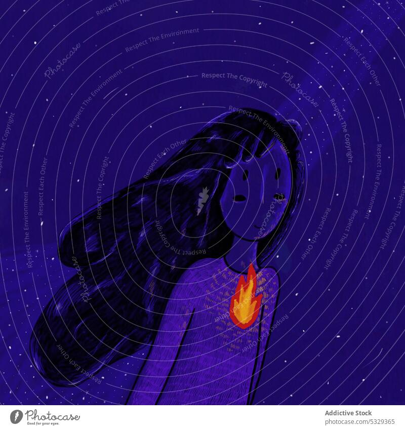 Ruhige Frau mit brennendem Herzen vor Sternenhimmel Nacht Feuer Brandwunde Grafik u. Illustration Leidenschaft Himmel sternenklar Liebe Konzept Kunst Symbol