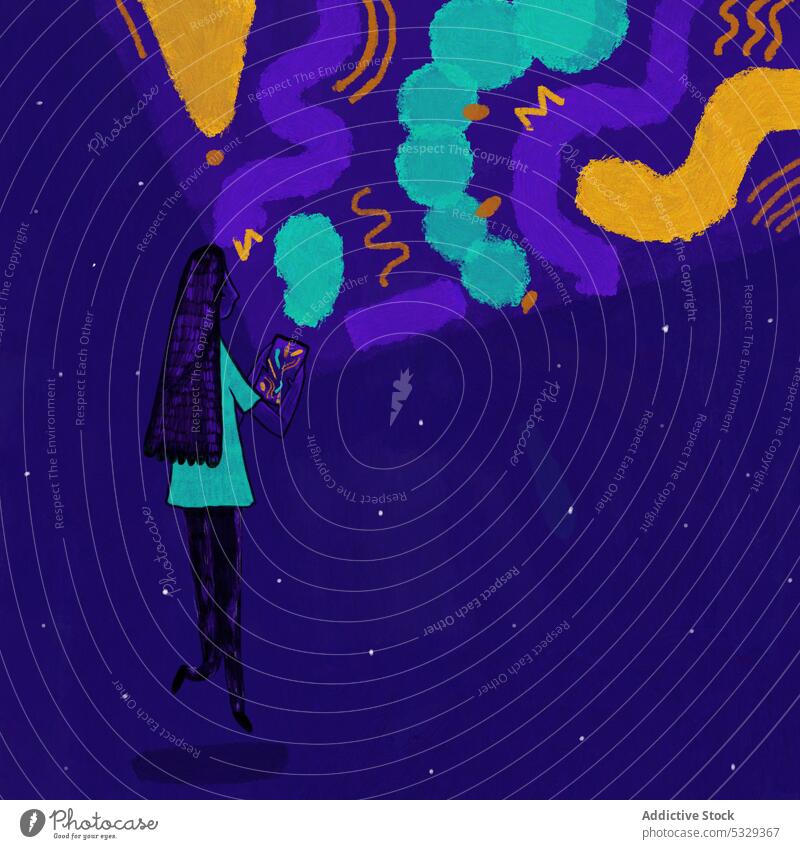 Helle Illustration einer Frau mit Smartphone auf lila Hintergrund Grafik u. Illustration soziale Netzwerke benutzend Internet kreativ Konzept Süchtige Anschluss