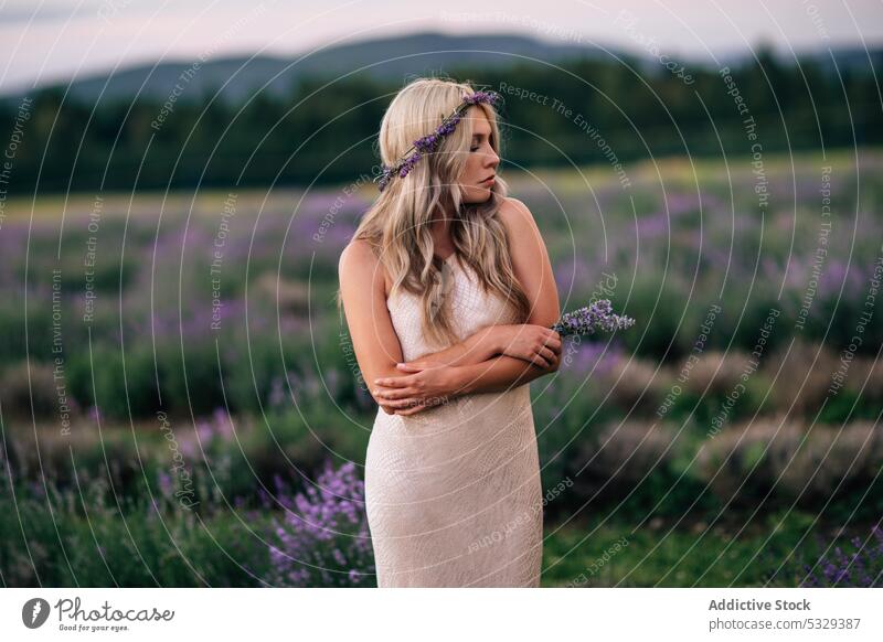 Frau im Lavendelfeld stehend Feld Natur Blume Blütezeit blond genießen Sonnenuntergang geblümt Wiese Augen geschlossen Sommer Harmonie Kleid