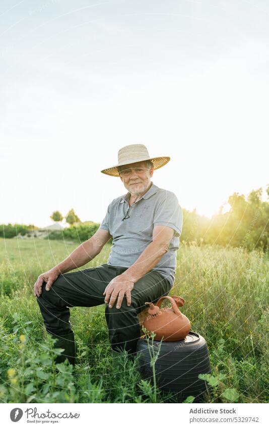 Lächelnder älterer Bauer auf einer Wiese bei Sonnenuntergang Mann Landschaft Landwirt ländlich Natur positiv Ackerbau Bauernhof Schonung männlich Senior Totholz