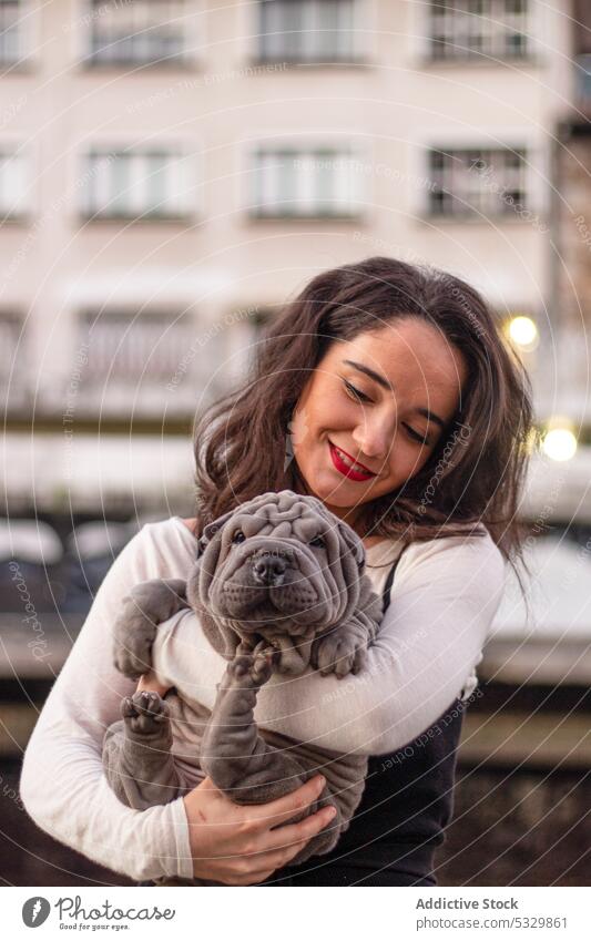 Glückliche Frau umarmt niedlichen Hund auf Terrasse Haustier Umarmen Besitzer Abend Gebäude Begleiter bezaubernd Freund positiv heimisch Eckzahn Tier Lächeln
