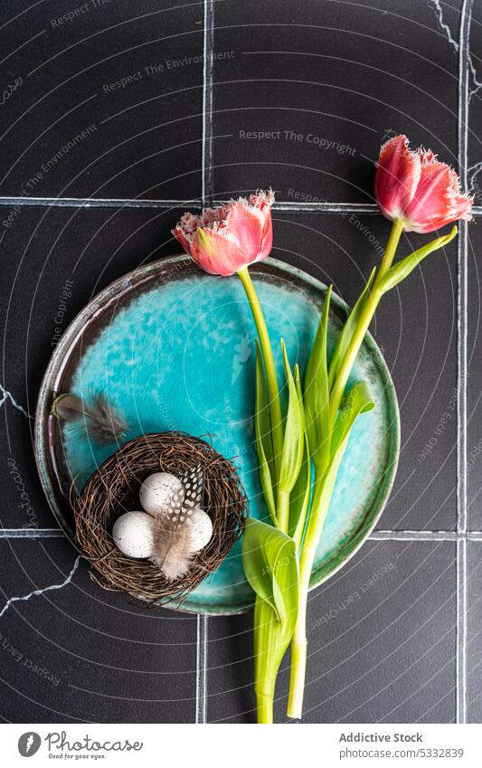 Gedeckter Tisch mit Blumen der Saison auf Betonhintergrund Ostern Tulpe Kulisse Hintergrund Essgeschirr Eier schön Keramik Besteck dunkel tagsüber Abendessen