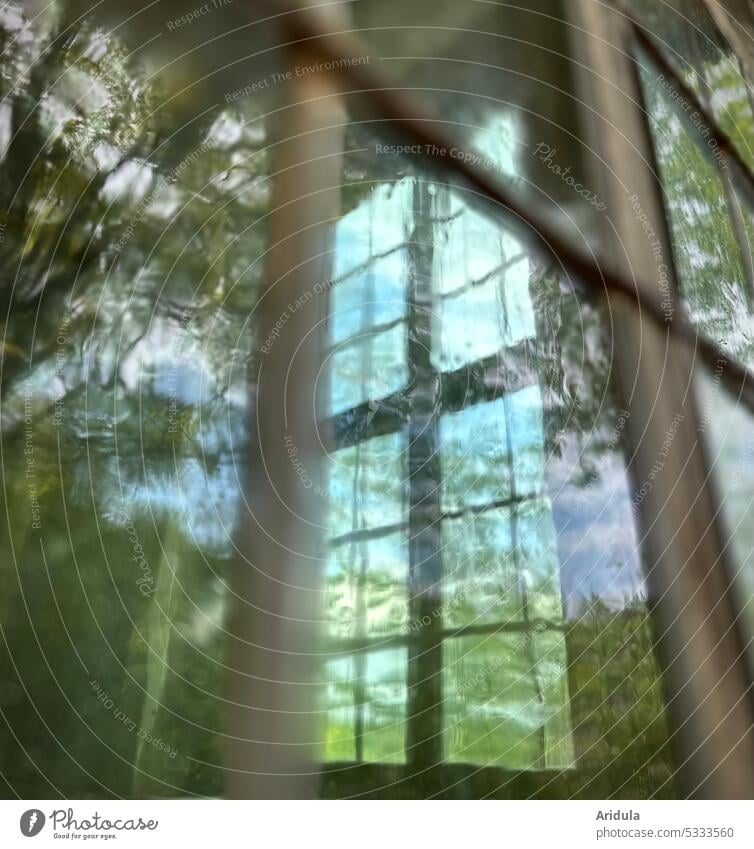 Einblick und Ausblick durch alte Bleifenster Fenster Haus Glas Glasscheibe durchsichtig Reflexion & Spiegelung Fensterscheibe Strukturen & Formen Architektur