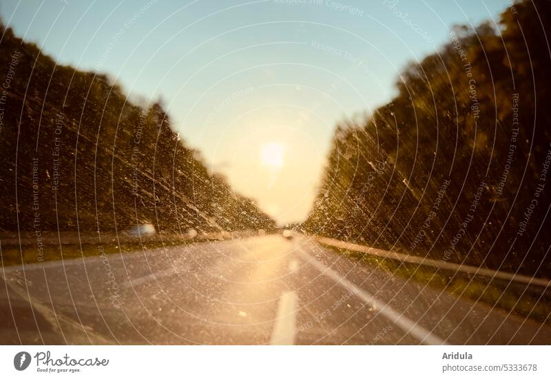 Autobahn, Abendsonne und … schmutzige Frontscheibe … Fenster Sonne Licht Gegenlicht Sonnenuntergang Autofahrt autofahren Straße PKW Autofahren Verkehr Fahrzeug