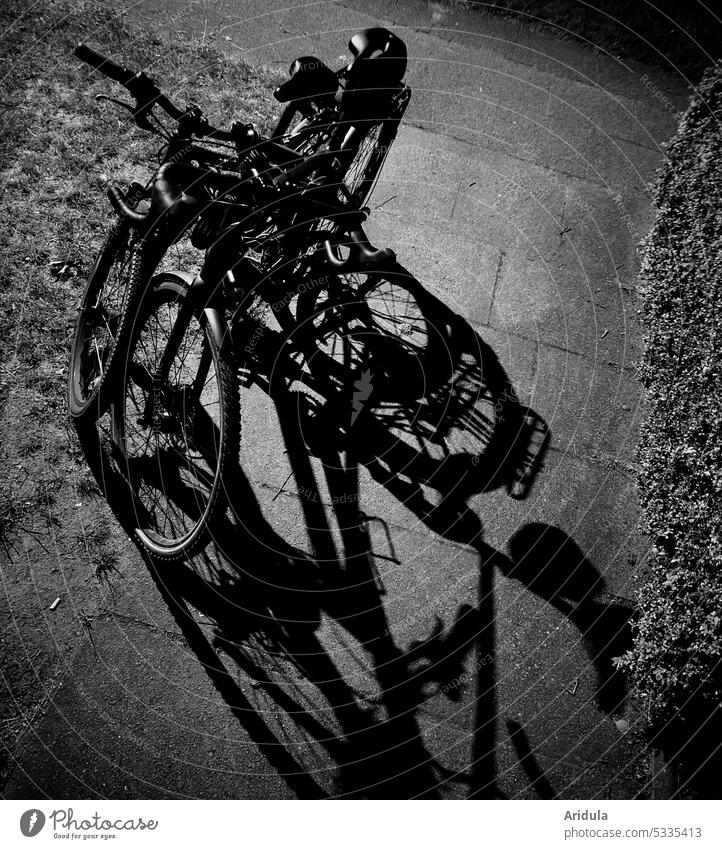 Zwei Fahrräder parken nachts auf dem Weg und werfen einen starken Schatten Fahrrad Rad Abstellen von Fahrrädern Fahrradfahren Stadt Parkplatz Menschenleer