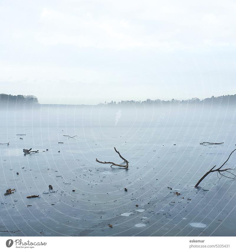 Peetzsee im Winter, Nebel liegt über dem Eis See grau niemand menschenleer silbern zugefroren vereist Brandenburg melancholisch Melancholie traurig
