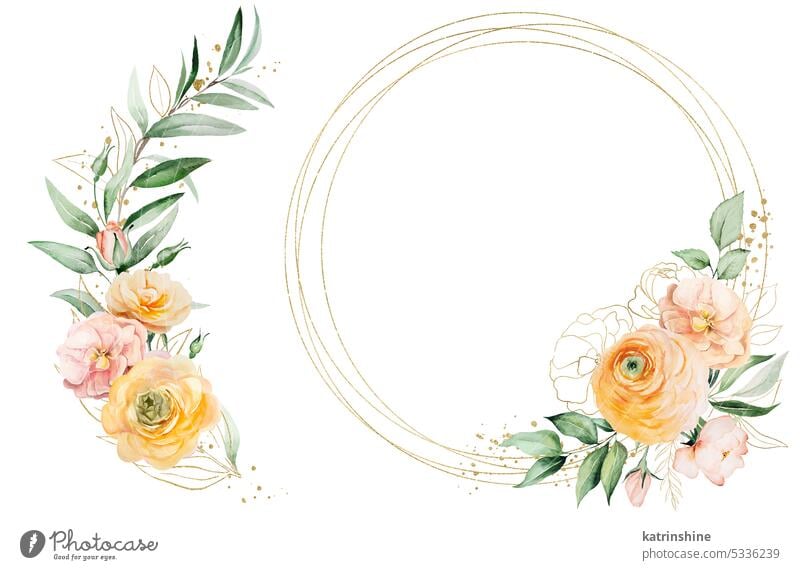 Rahmen und Blumenstrauß mit orangefarbenen und gelben Aquarellblumen und grünen Blättern, Illustration Geburtstag botanisch Dekoration & Verzierung Zeichnung