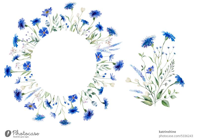 Aquarell blaue Kornblume Bouquet und Rahmen, Sommerhochzeit isoliert Illustration Elemente botanisch Centaurea zyanus farbenfroh Dekoration & Verzierung