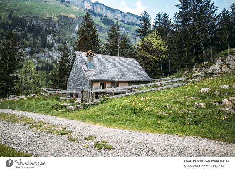 Hütte in den Bergen nahe am Wald Straße Berge u. Gebirge Wiese Dach Zaun Alpstein Steine Alpen Landschaft wandern Natur alpstein Wolken