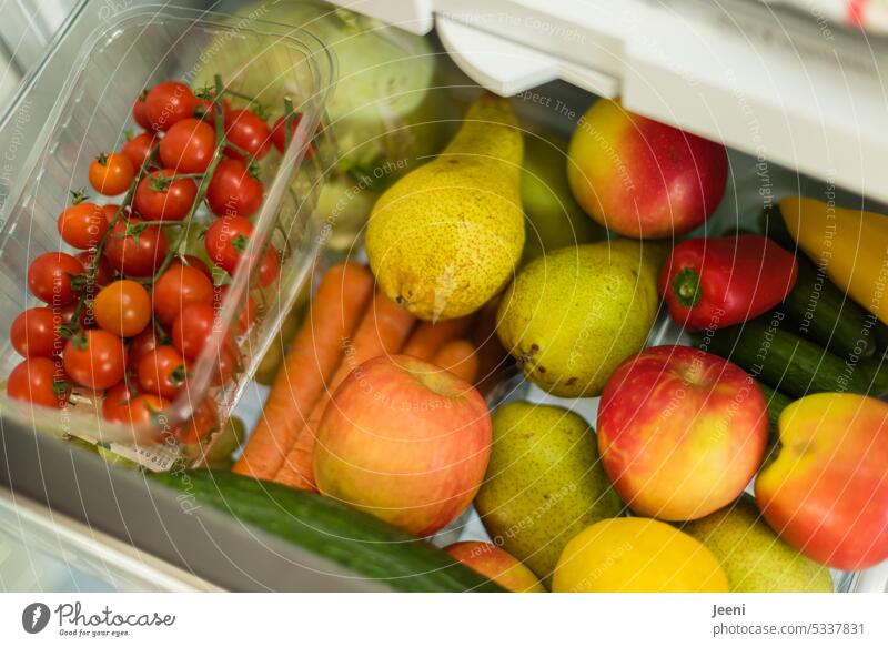 Frisches Obst und Gemüse frisch kalt gekühlt Kühlschrank Lebensmittel Ernährung Bioprodukte lecker bunt Tomate Gurke Apfel Karotten Birne Paprika gesund Essen