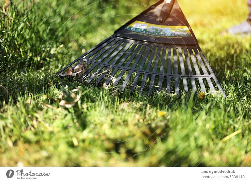 Unbekannter Mann harkt Blätter mit einer schwarzen Plastikharke zusammen. Reinigung von Müll und trockenem Gras aus dem Rasen mit einem Fächerbesen. Konzept der Vorbereitung des Gartens für den Winter, Frühling. Pflege des Gartens