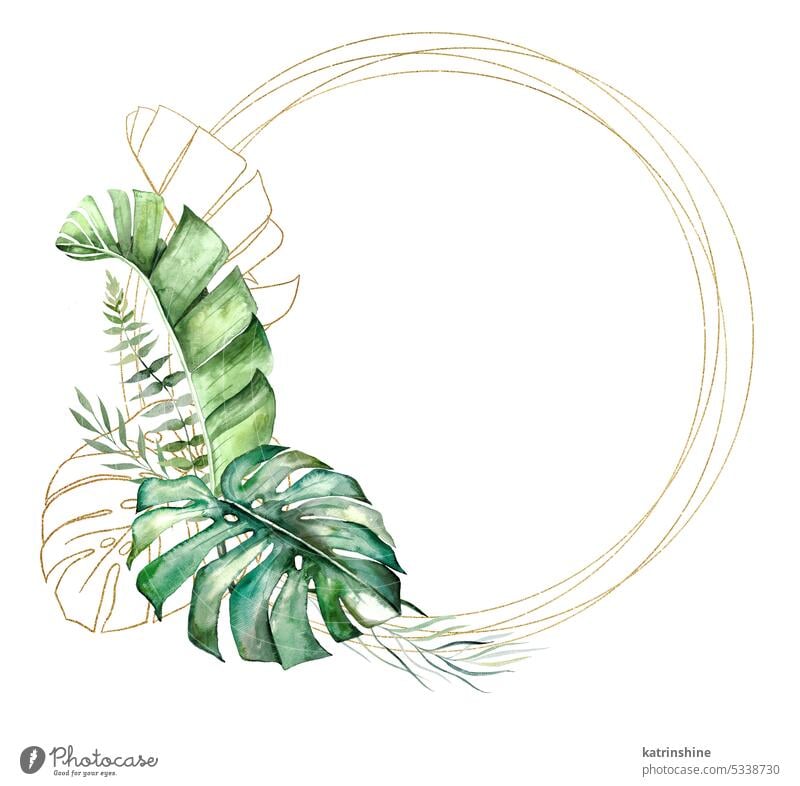 Rahmen mit grünen und goldenen Aquarell tropische Blätter, isoliert Hochzeit Illustration gemacht botanisch Dekoration & Verzierung Element exotisch Laubwerk